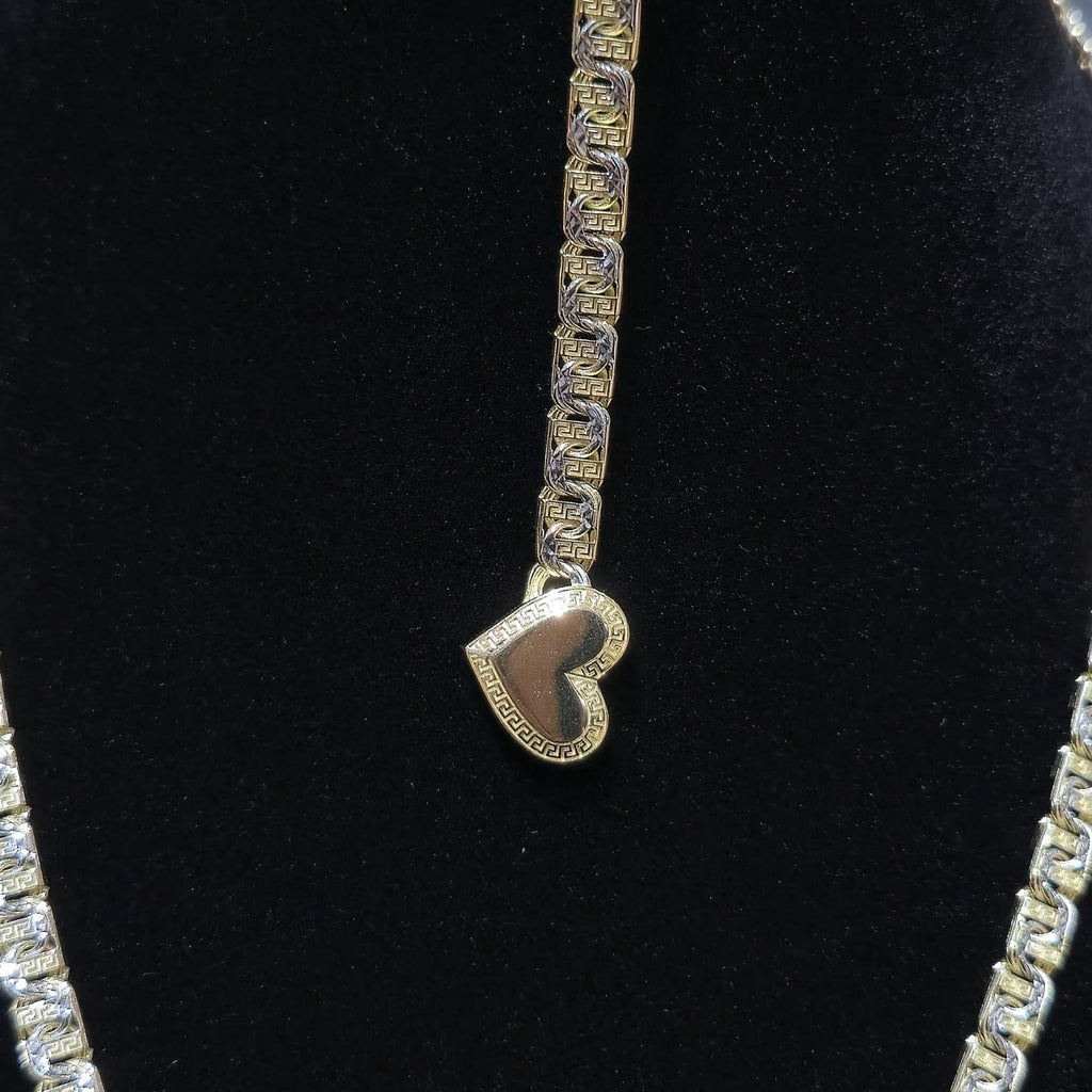 10K Yellow Gold Two Tone Heart Necklace Bracelet Set Greek Key Womens 17" 7" 5mm
