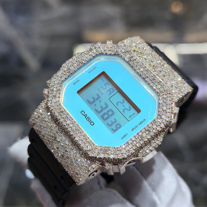 Blue Dial+ G-Shock DW-5600TL 5CT Natural Diamonds All Rose Bezel ICED OUT Watch