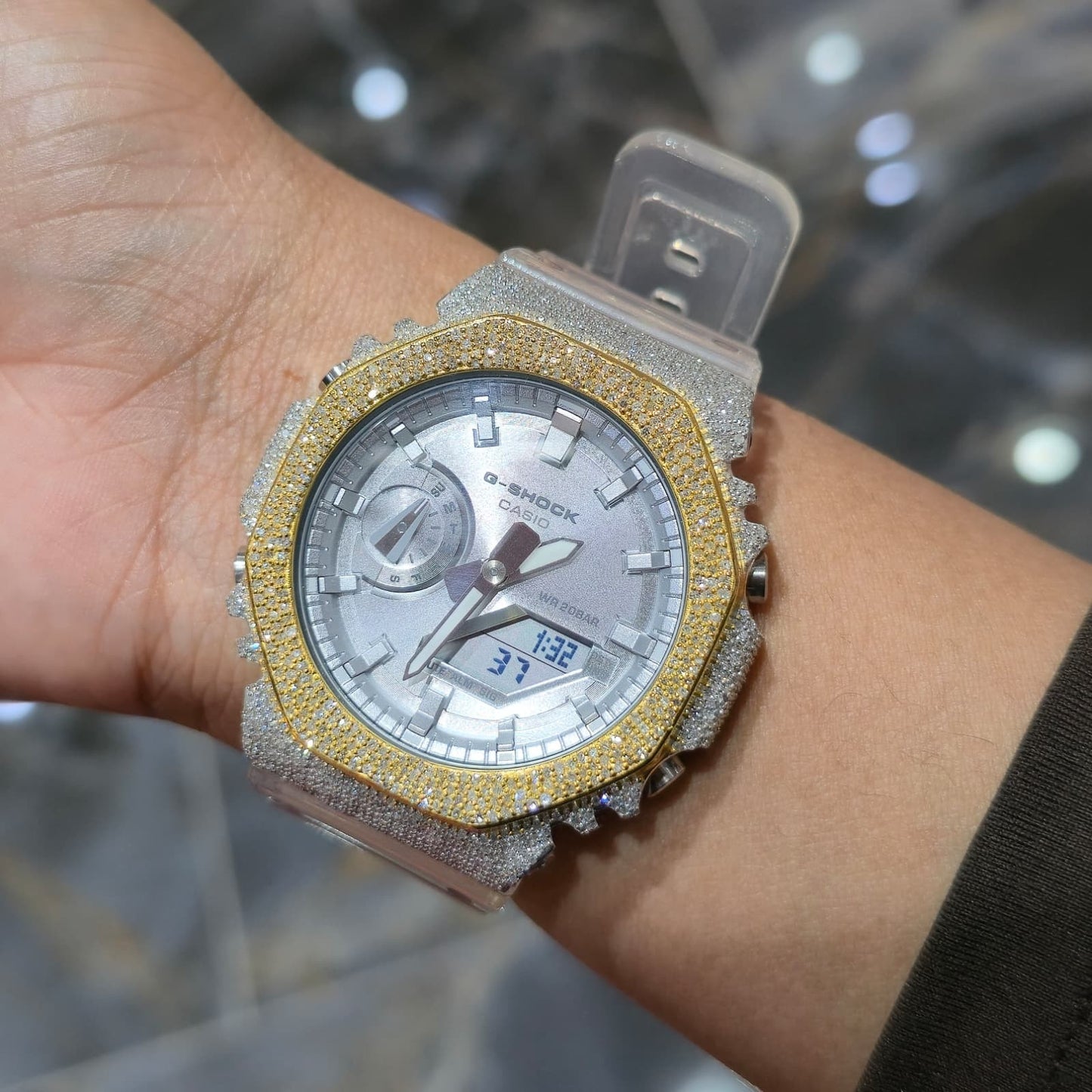 Casio G-Shock S2100  Iced Out Natural Diamond Watch 5CT | Silver Dial Clear Band