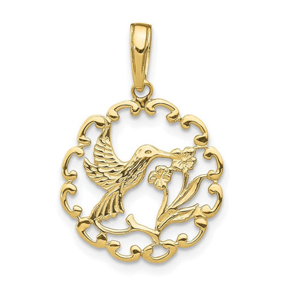 10k Yellow Gold Hummingbird w/ Flower in Frame Pendant
