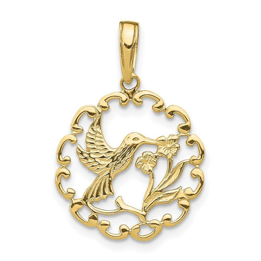 10k Yellow Gold Hummingbird w/ Flower in Frame Pendant