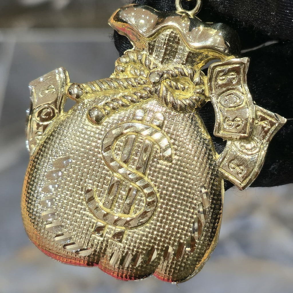 10K Yellow Gold Money Bag Pendant Charm Dollar Sign Diamond Cut Mens Hip Hop 3in