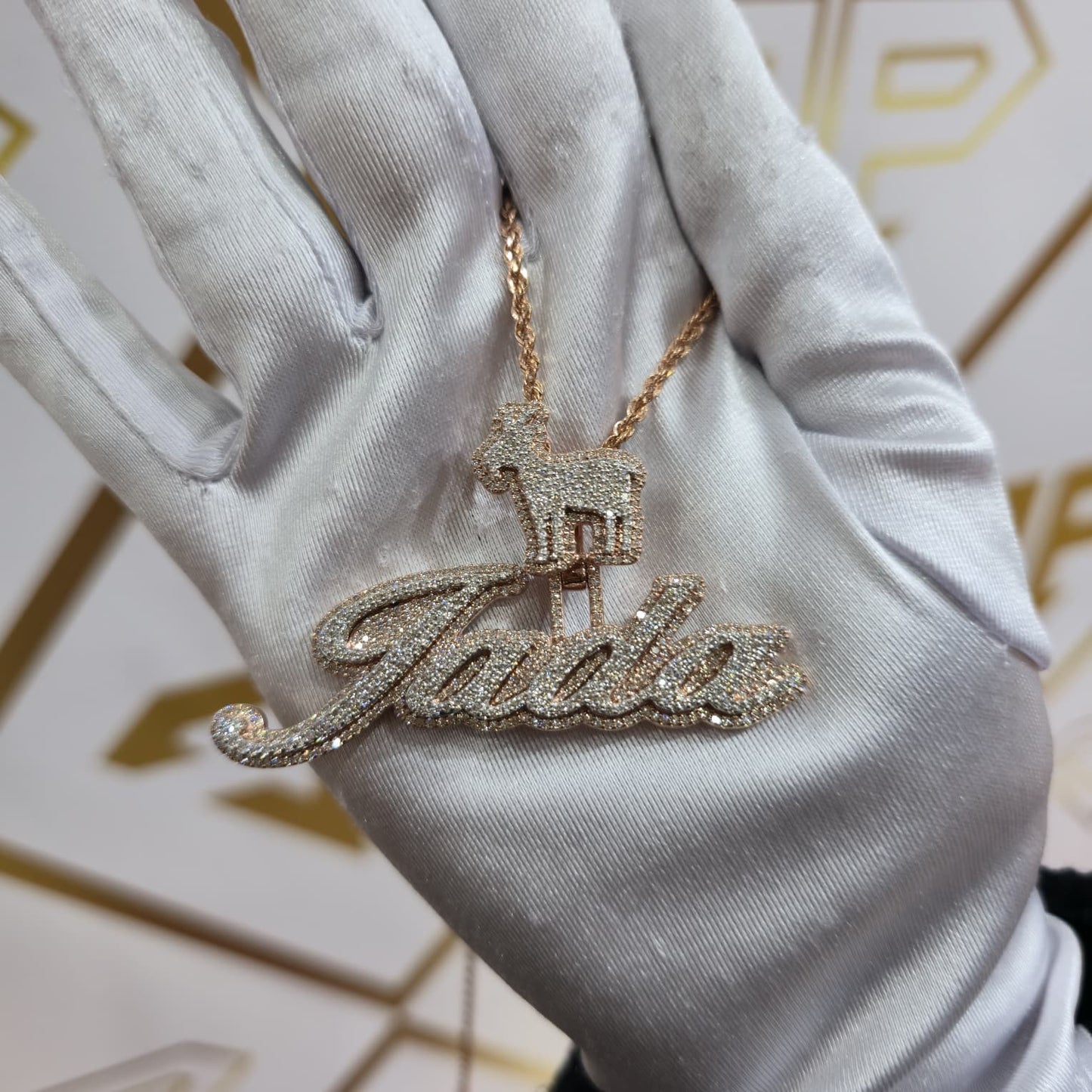 Custom Design Real Diamond Two Layer Cursive Nameplate Pendant Gold   2.5"