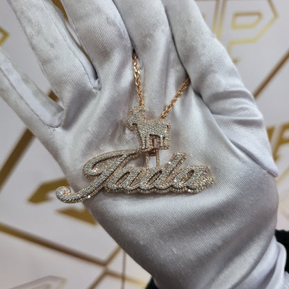 Custom Design Real Diamond Two Layer Cursive Nameplate Pendant Gold   2.5"