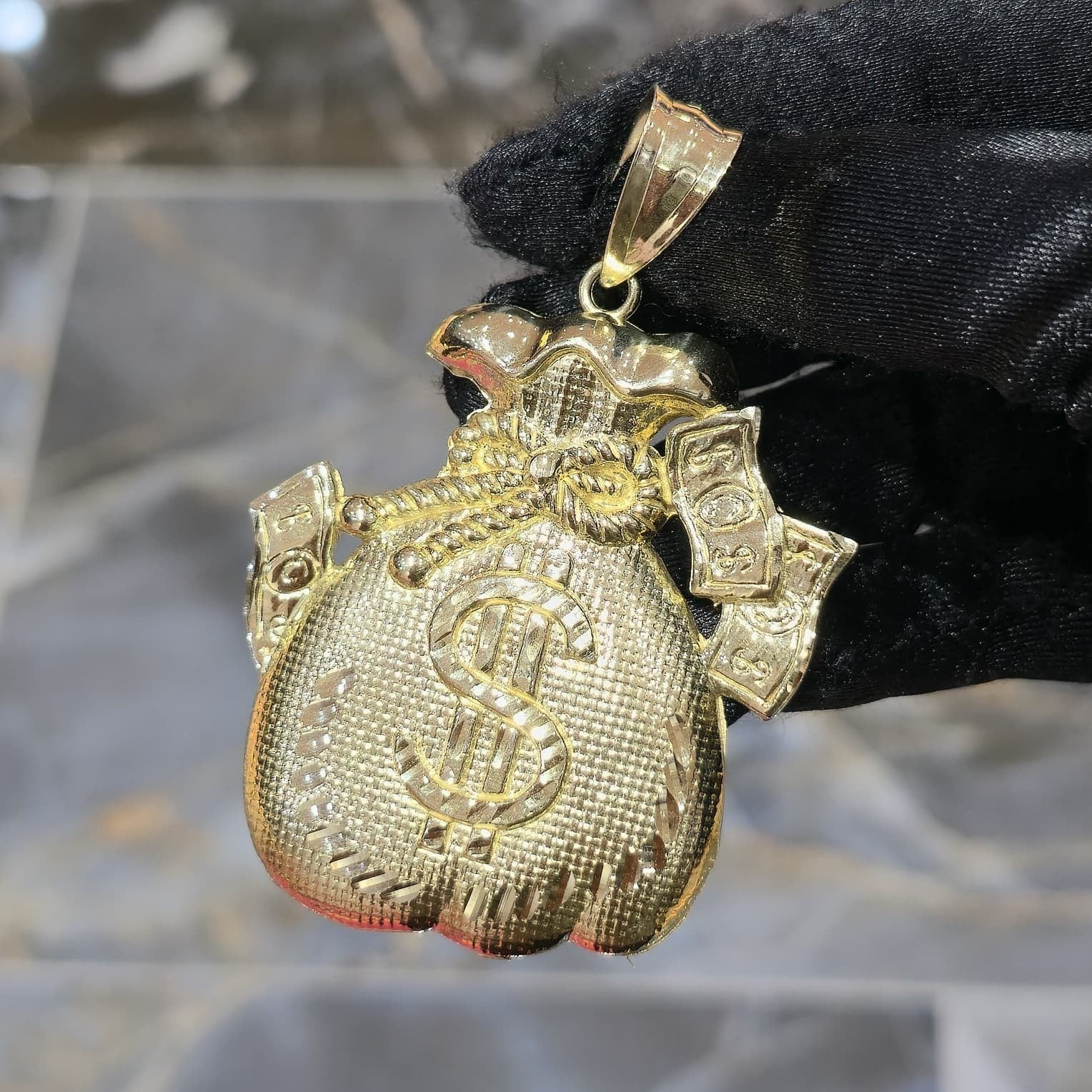 10K Yellow Gold Money Bag Pendant Charm Dollar Sign Diamond Cut Mens Hip Hop 3in