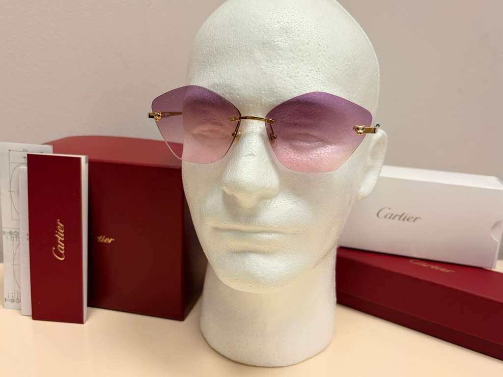 Cartier Panthere Rimless Sunglasses Purple/Pink Gradient Lens Authentic Full Set