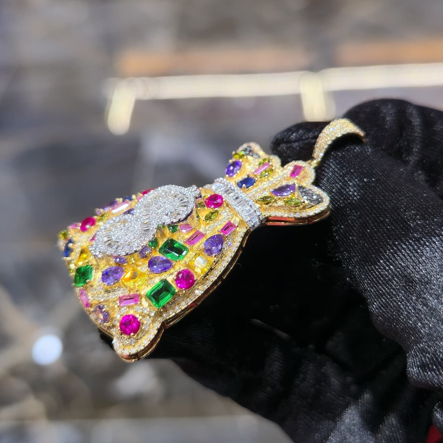10K Gold Diamond Royal Money Bag Pendant 2.00ctw Multi-Color Gemstone 2 Inch