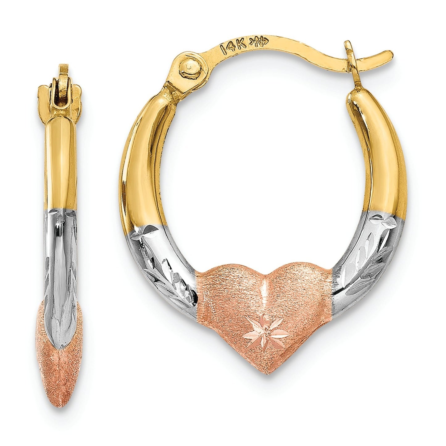 14K Tri-Color Gold Heart Diamond-Cut Round Small Hoops Earrings 13mm
