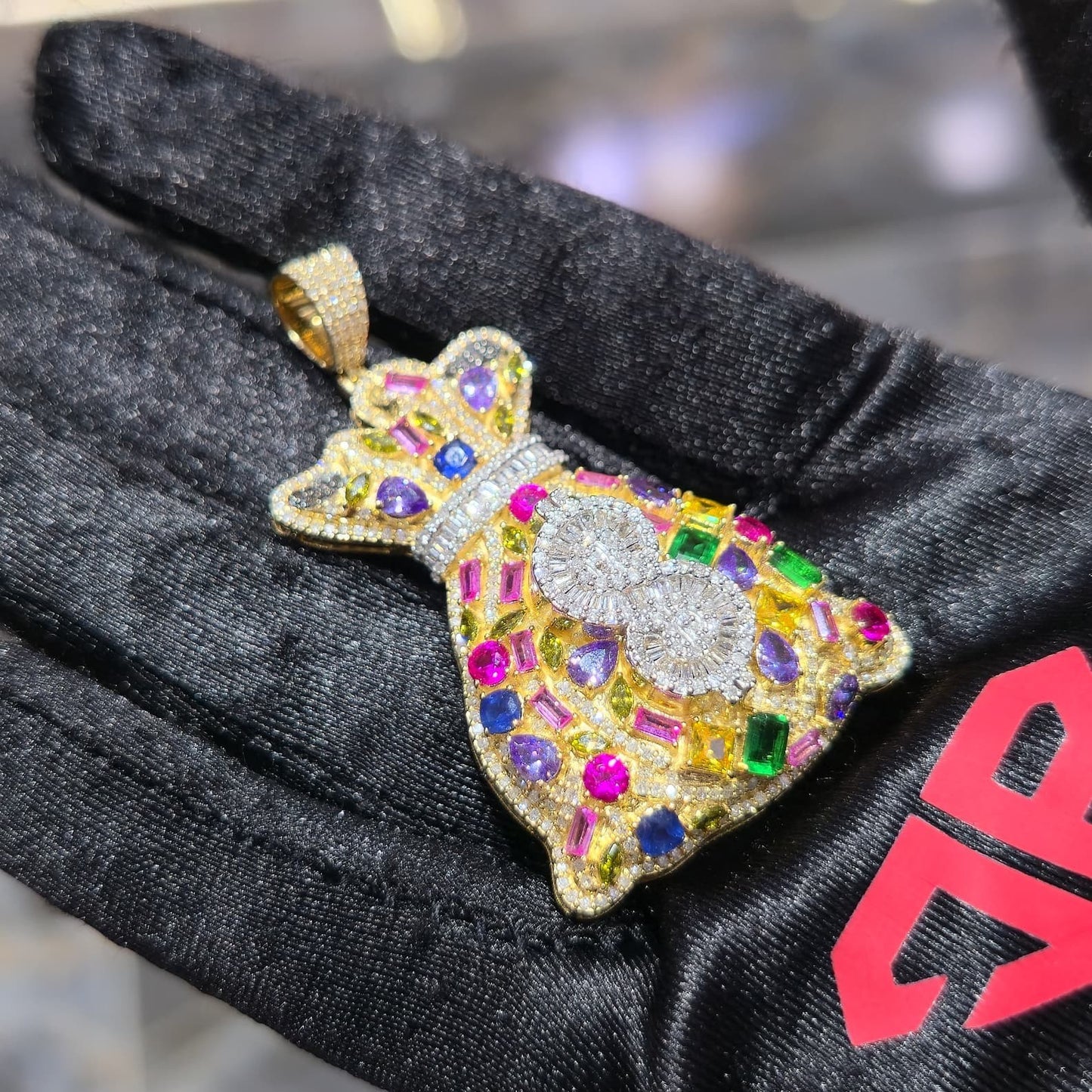 10K Gold Diamond Royal Money Bag Pendant 2.00ctw Multi-Color Gemstone 2 Inch