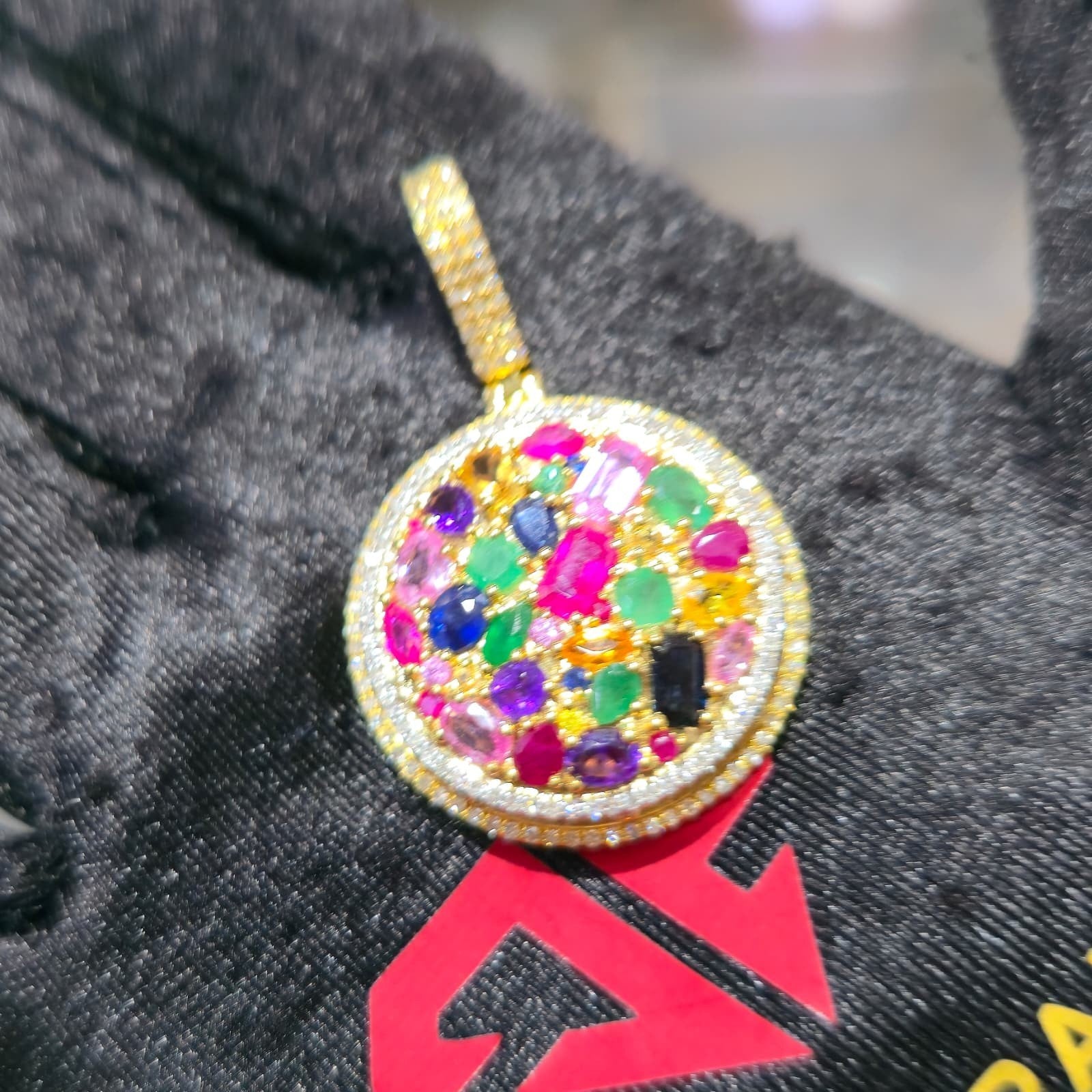 10K Yellow Gold Diamond Multi Gemstone Circle Pendant 4.35 ctw Ruby Emerald Men