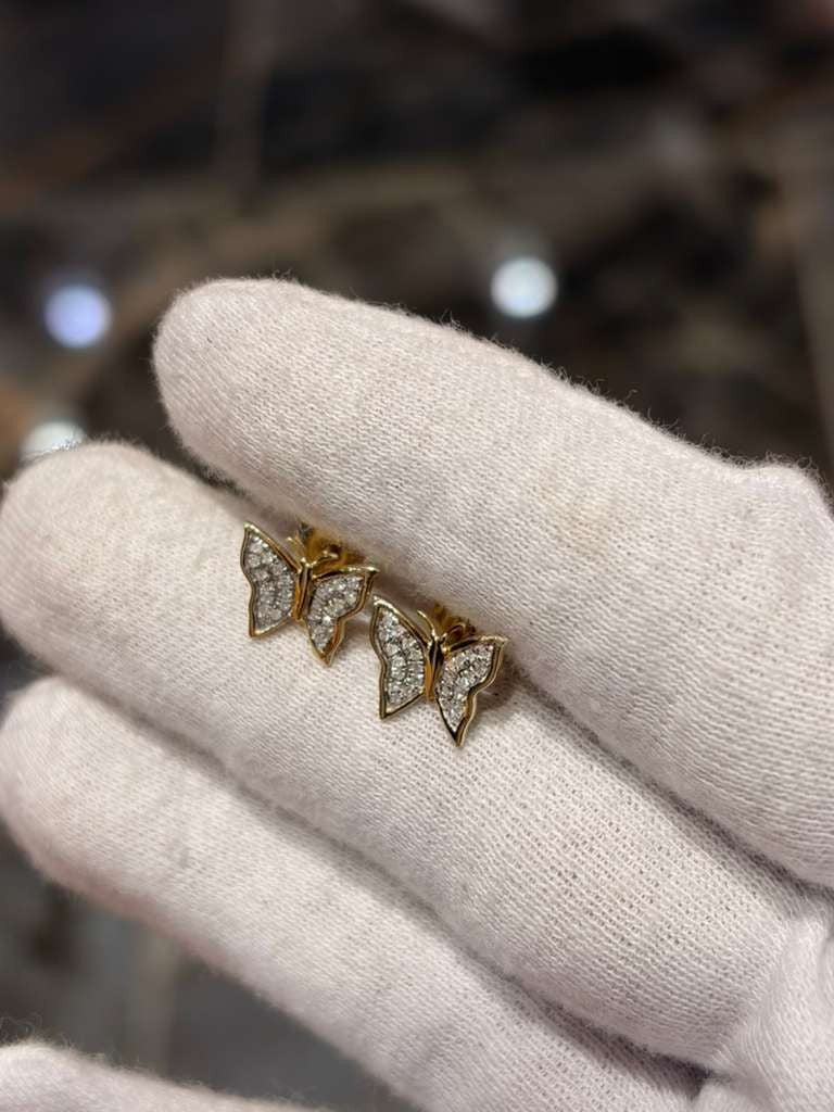 0.12CTW Natural Diamond 10K Gold Yellow White Butterfly Stud Earrings 9mm