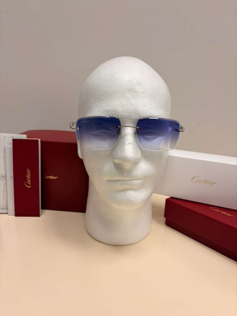 Cartier Panthere Decor Rimless Sunglasses Platinum Frame Blue Gradient Lens