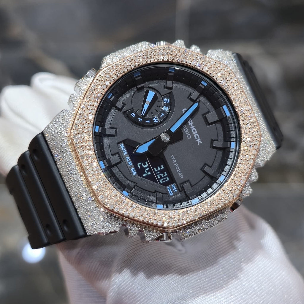 Casio G-Shock S2100  Iced Out Natural Diamond Watch 5CT | Black+ Blue MarkerDial