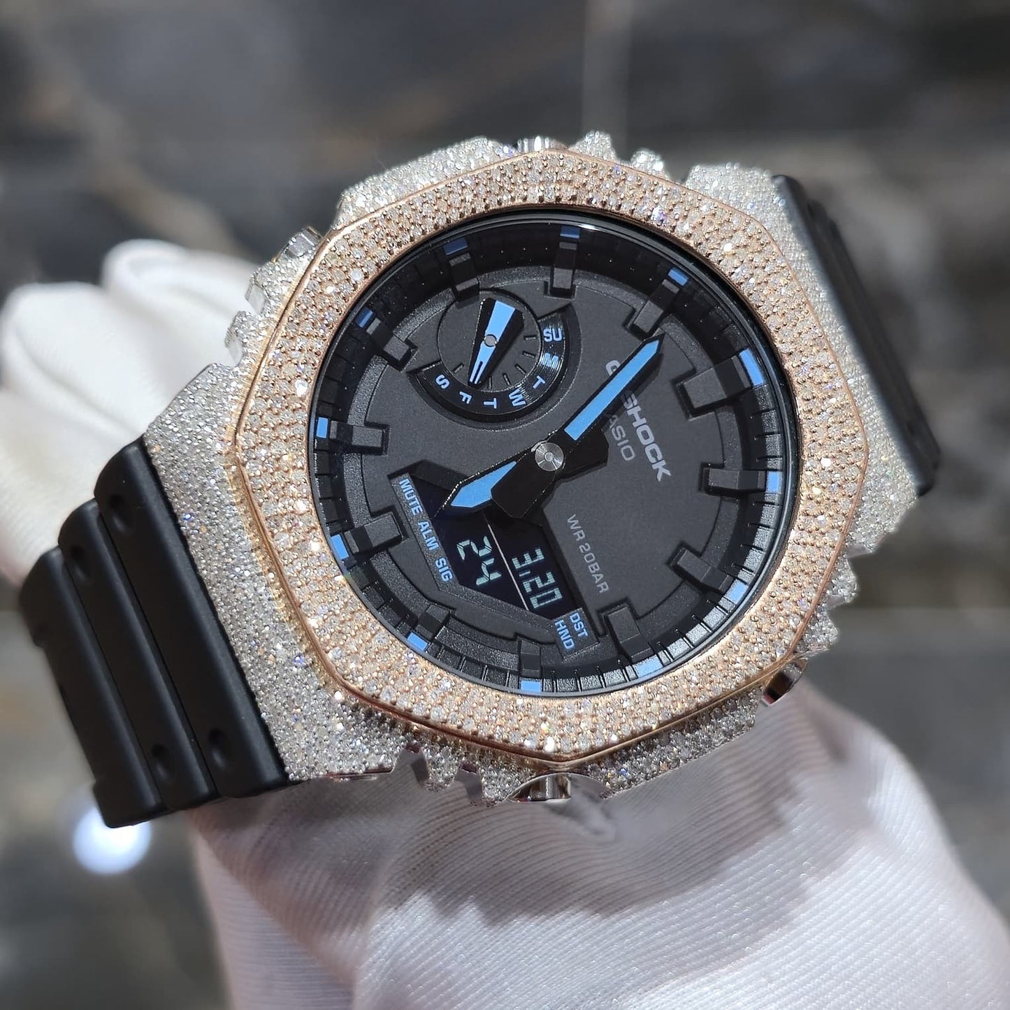 Casio G-Shock S2100  Iced Out Natural Diamond Watch 5CT | Black+ Blue MarkerDial