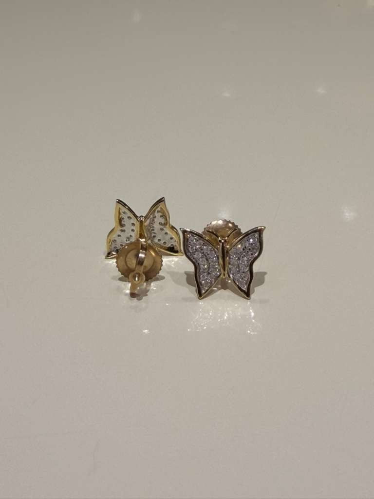 0.12CTW Natural Diamond 10K Gold Yellow White Butterfly Stud Earrings 9mm