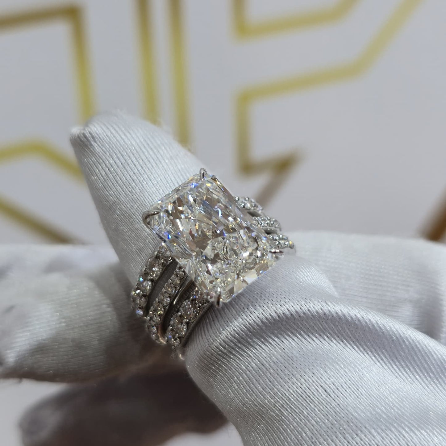 11.49CT Radiant Lab Grown Diamond Ring Set E VVS2 | 14K White Gold | Hidden Halo