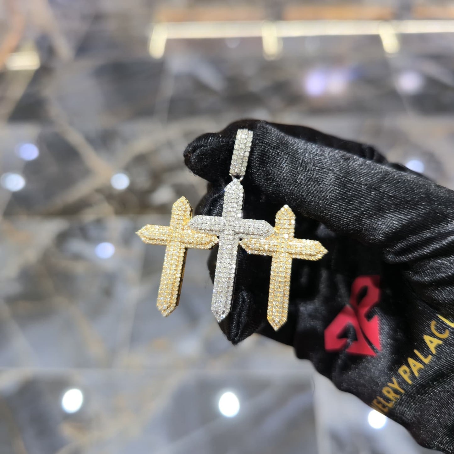 Real 10K Solid Yellow Gold Diamond Triple Cross Charm Pendant
