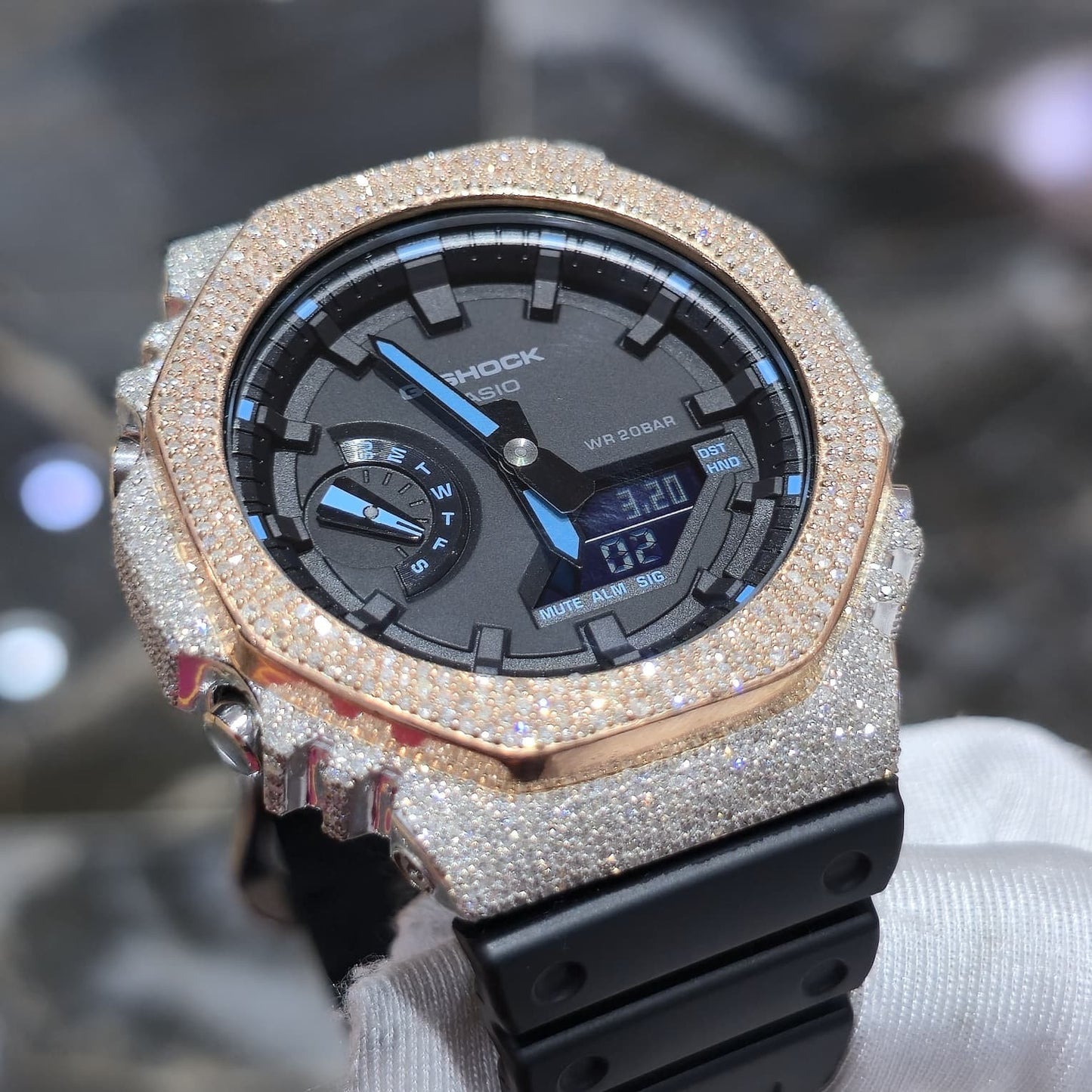 Casio G-Shock S2100  Iced Out Natural Diamond Watch 5CT | Black+ Blue MarkerDial
