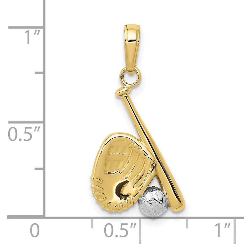 10k Two-tone Gold Baseball, Bat, and Glove Pendant 1.1 gram, L-0.99 In, W-0.5 In