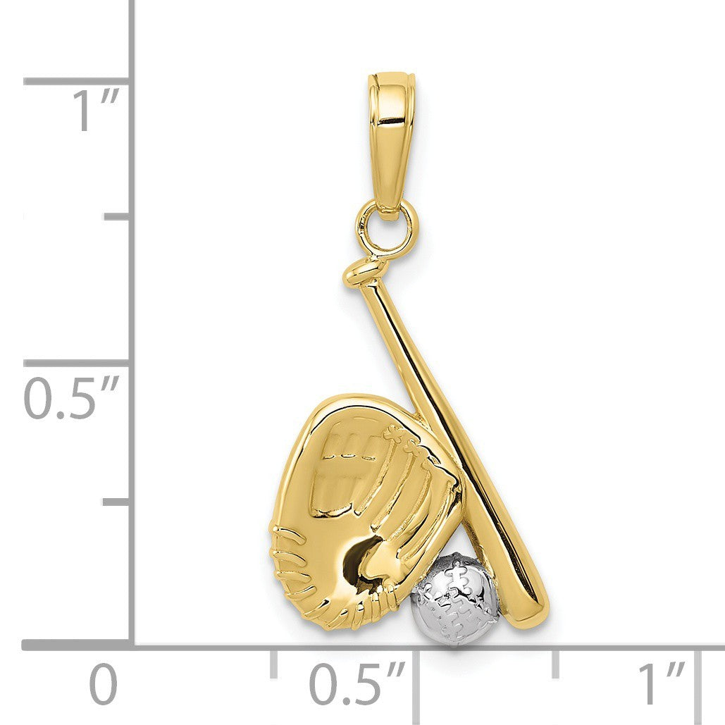 10k Two-tone Gold Baseball, Bat, and Glove Pendant 1.1 gram, L-0.99 In, W-0.5 In
