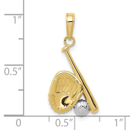 10k Two-tone Gold Baseball, Bat, and Glove Pendant 1.1 gram, L-0.99 In, W-0.5 In