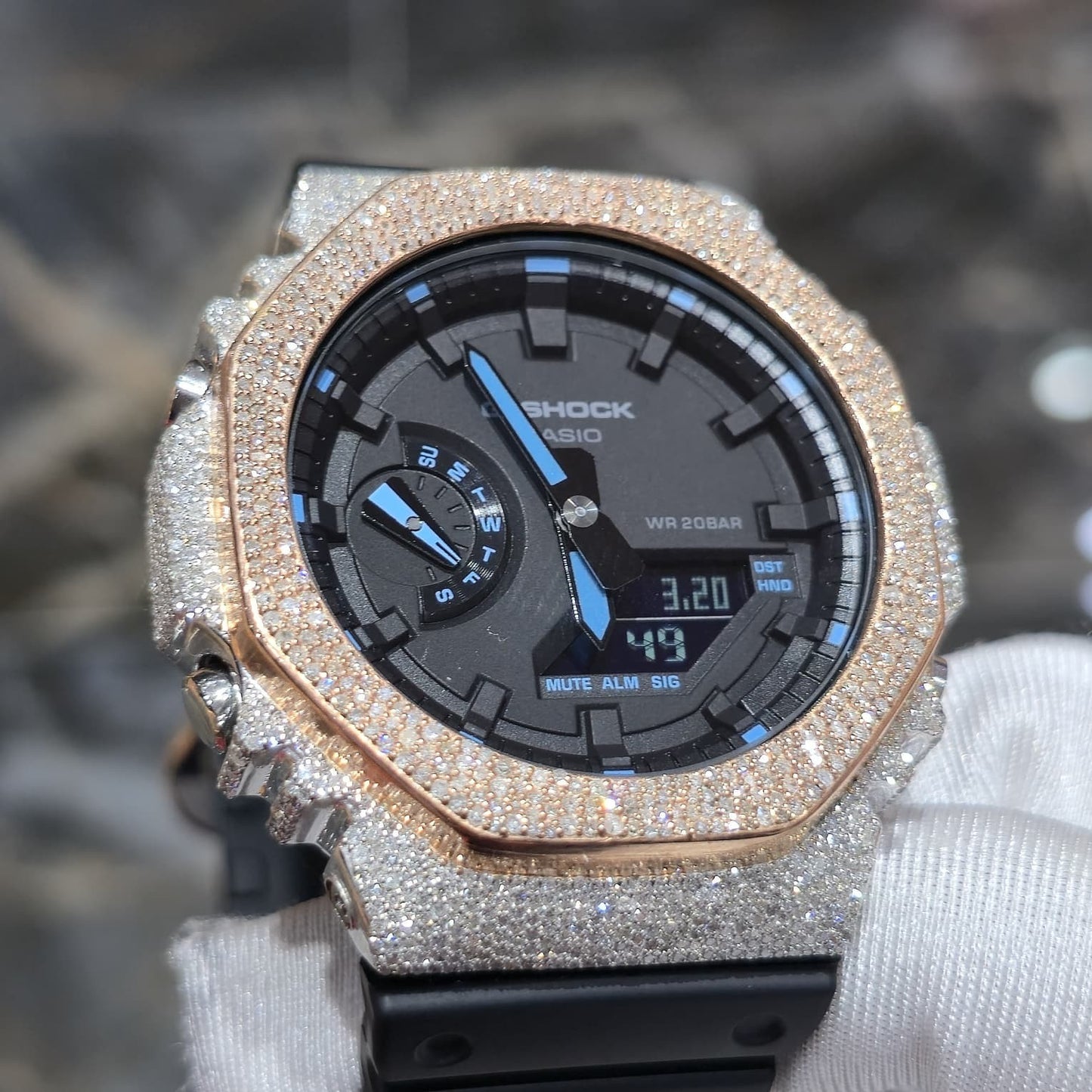 Casio G-Shock S2100  Iced Out Natural Diamond Watch 5CT | Black+ Blue MarkerDial