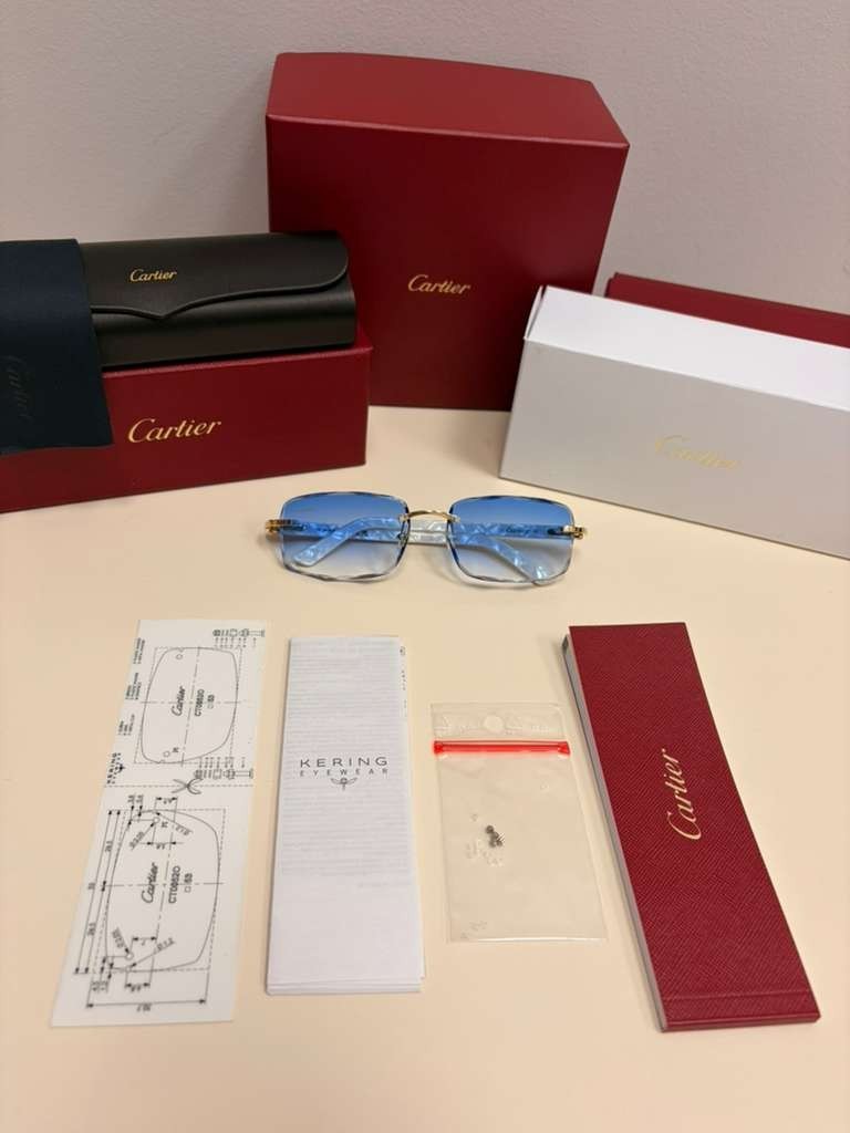 Cartier C Decor Rimless Sunglasses Customized Authentic Blue Lenses Full Set Box
