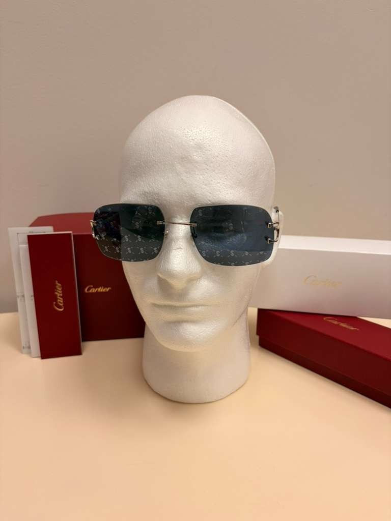 Cartier Big C Rimless Sunglasses Silver Frame Grey Lens Authentic w/ Box & Full