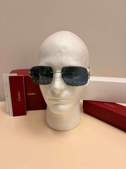 Cartier Big C Rimless Sunglasses Silver Frame Grey Lens Authentic w/ Box & Full