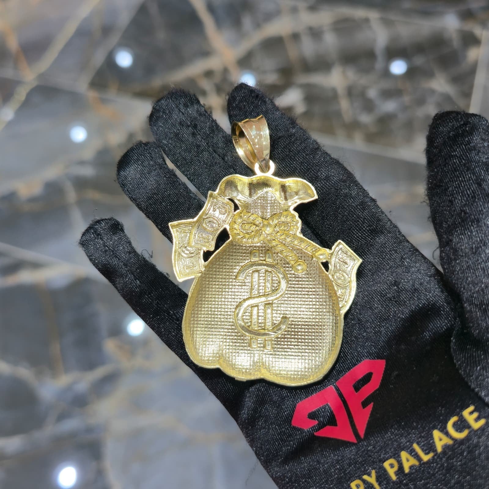 10K Yellow Gold Money Bag Pendant Charm Dollar Sign Diamond Cut Mens Hip Hop 3in