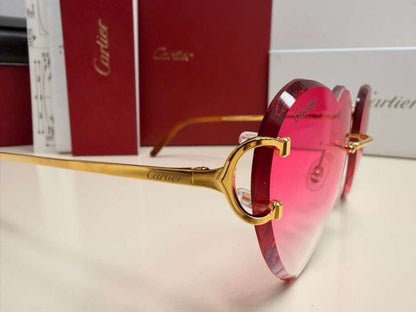 Cartier Big C Rimless Heart Sunglasses Pink Gradient Lens Gold Frame Full Set.