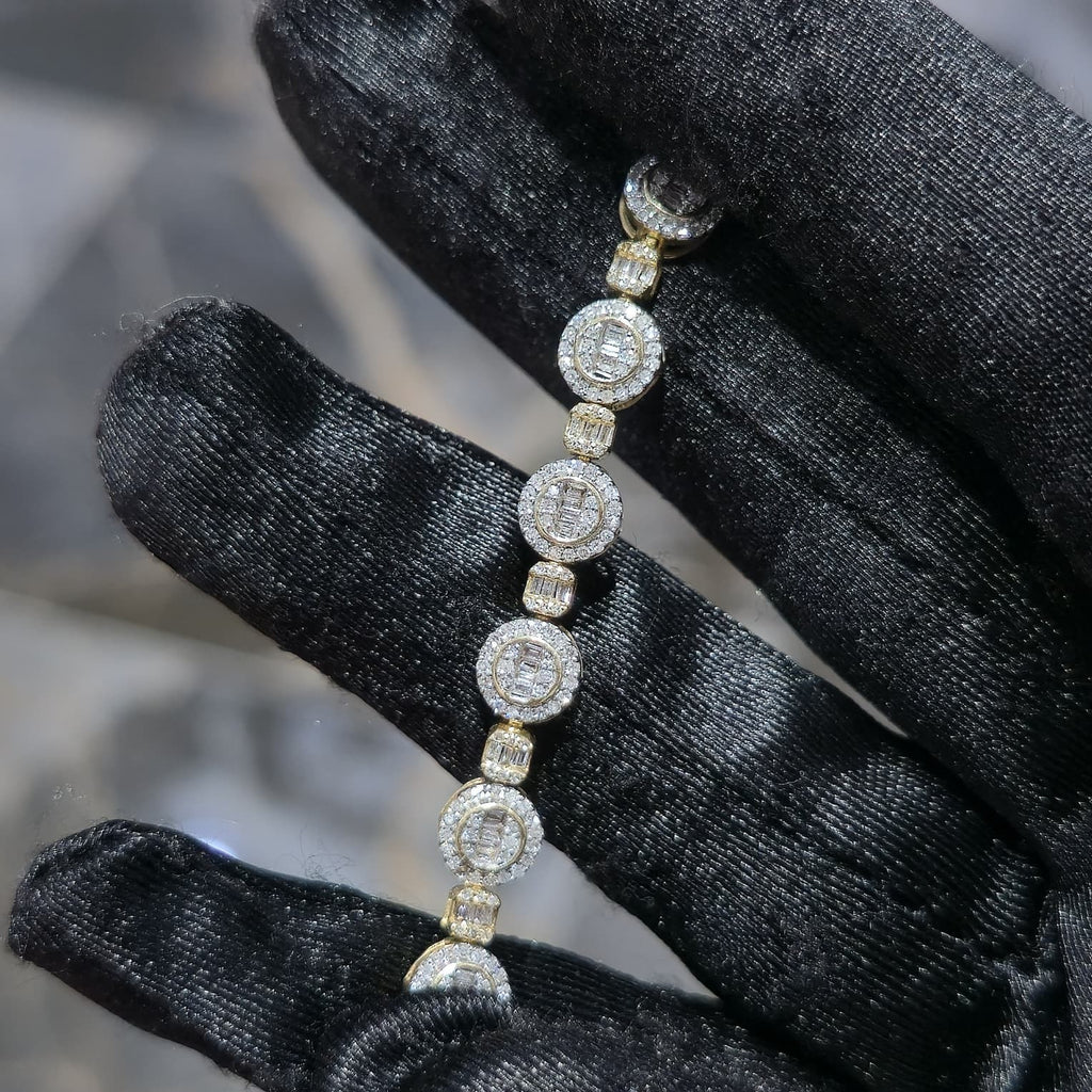 10K Yellow Gold Diamond Baguette Halo Link Bracelet 1.70ctw 7" 6mm Box Clasp
