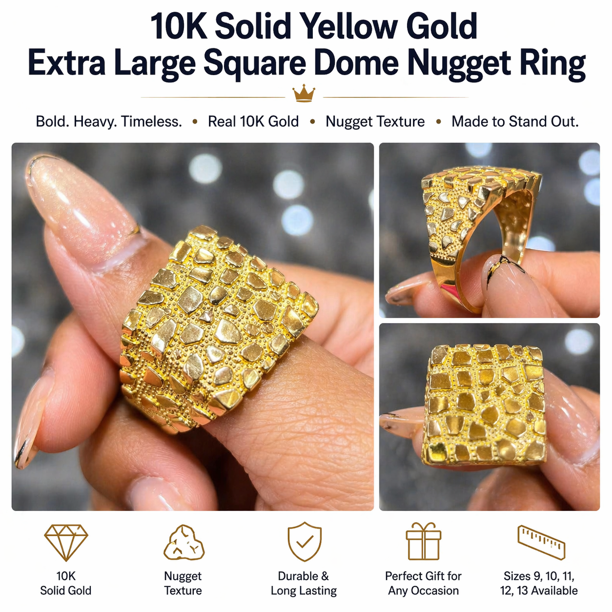Extra Large Square Dome Nugget Ring Solid Real 10K Yellow Gold All Sizes