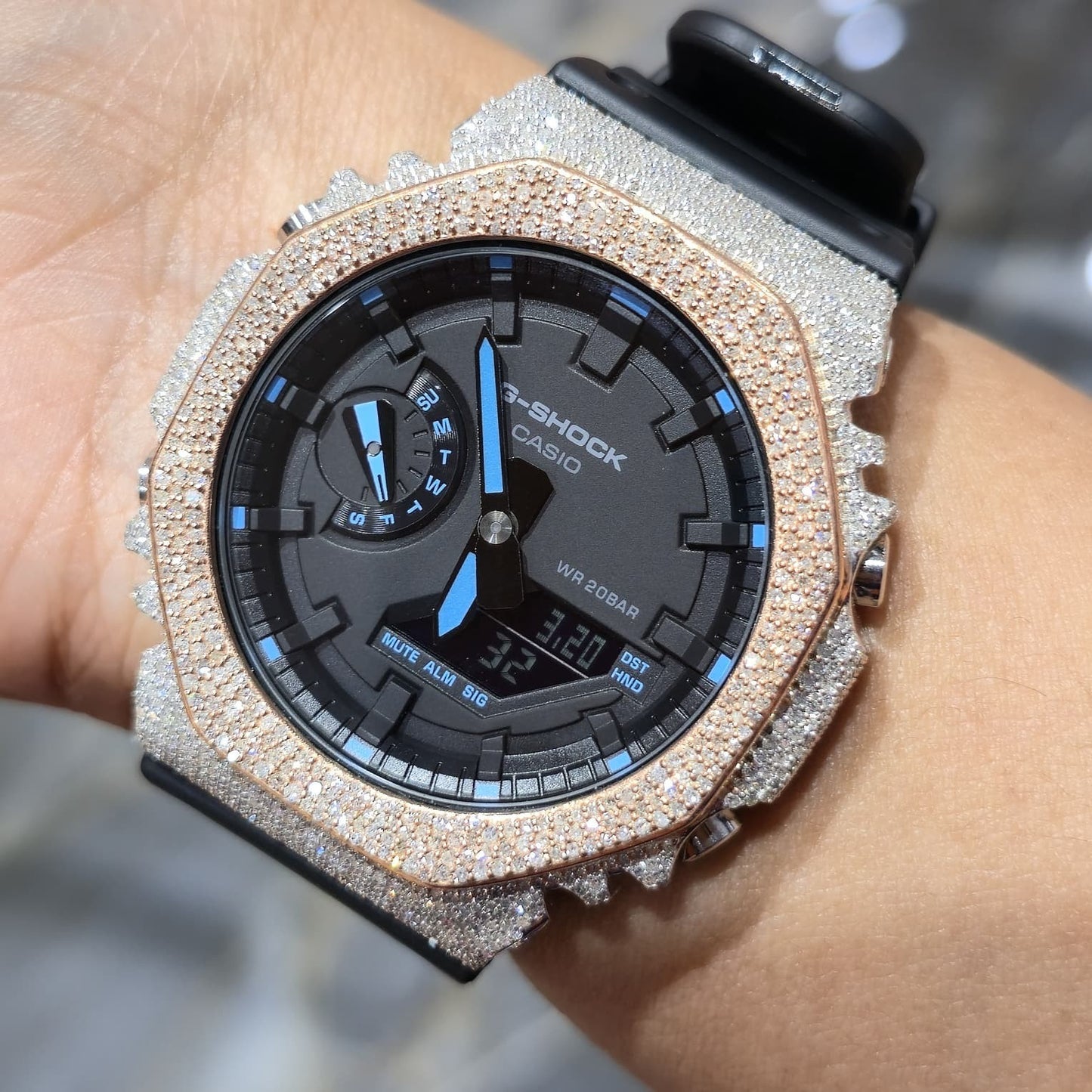 Casio G-Shock S2100  Iced Out Natural Diamond Watch 5CT | Black+ Blue MarkerDial