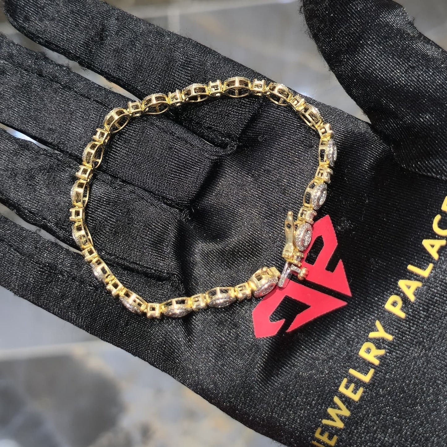 10K Yellow Gold Diamond Baguette Halo Link Bracelet 1.70ctw 7" 6mm Box Clasp
