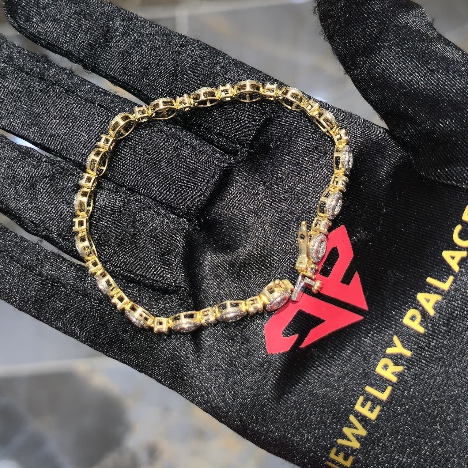 10K Yellow Gold Diamond Baguette Halo Link Bracelet 1.70ctw 7" 6mm Box Clasp