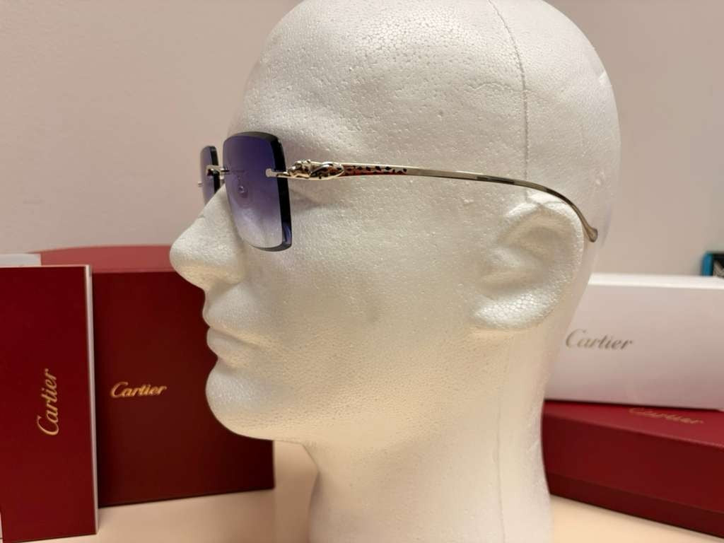 Cartier Panthere Decor Rimless Sunglasses Platinum Frame Blue Gradient Lens
