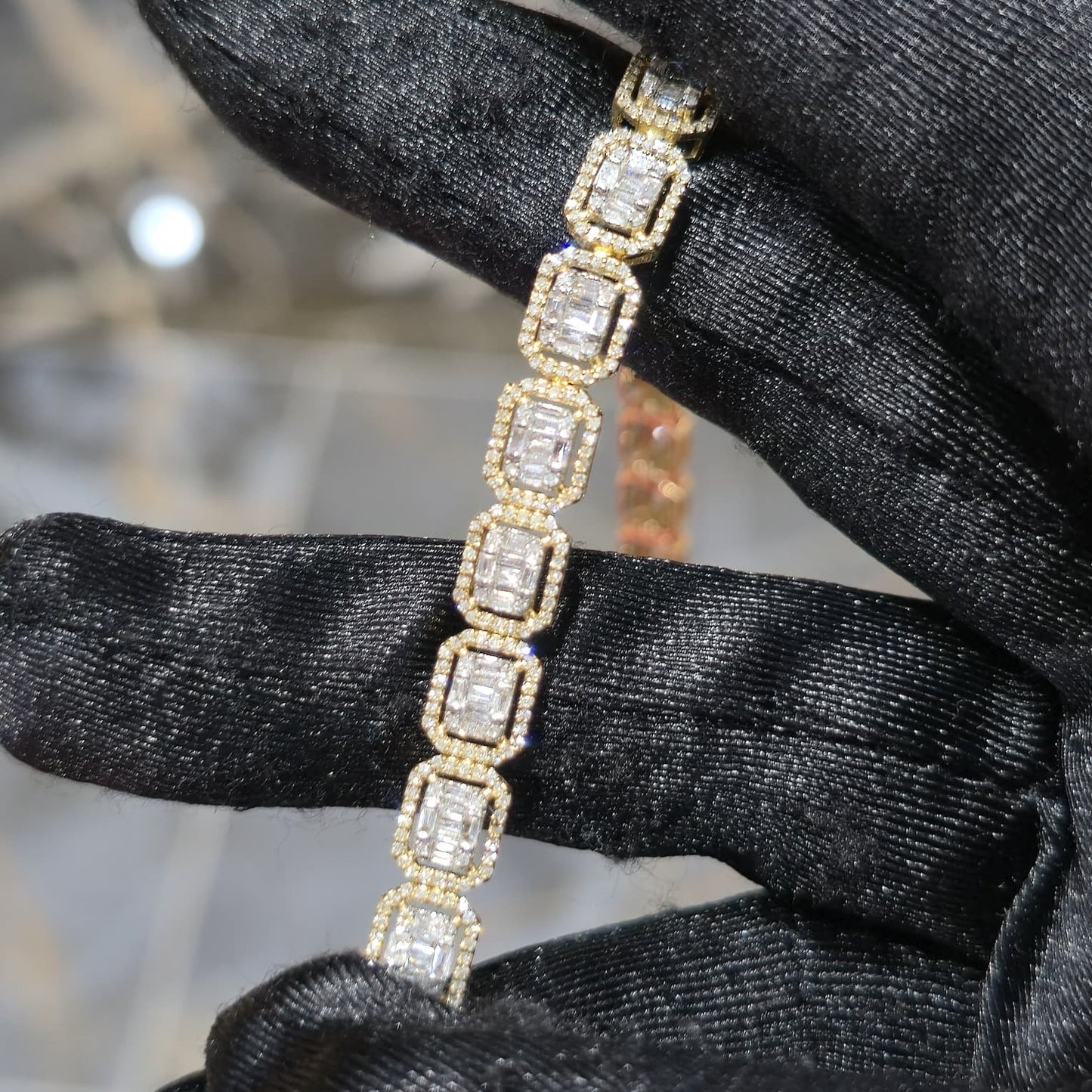 10K Yellow Gold Baguette Cluster Diamond Tennis Bracelet 8in 2.50ctw