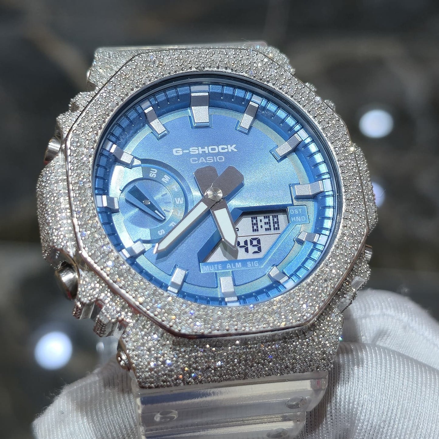 Casio G-Shock S2100  Iced Out Natural Diamond Watch 5CT | Blue Dial Clear Band