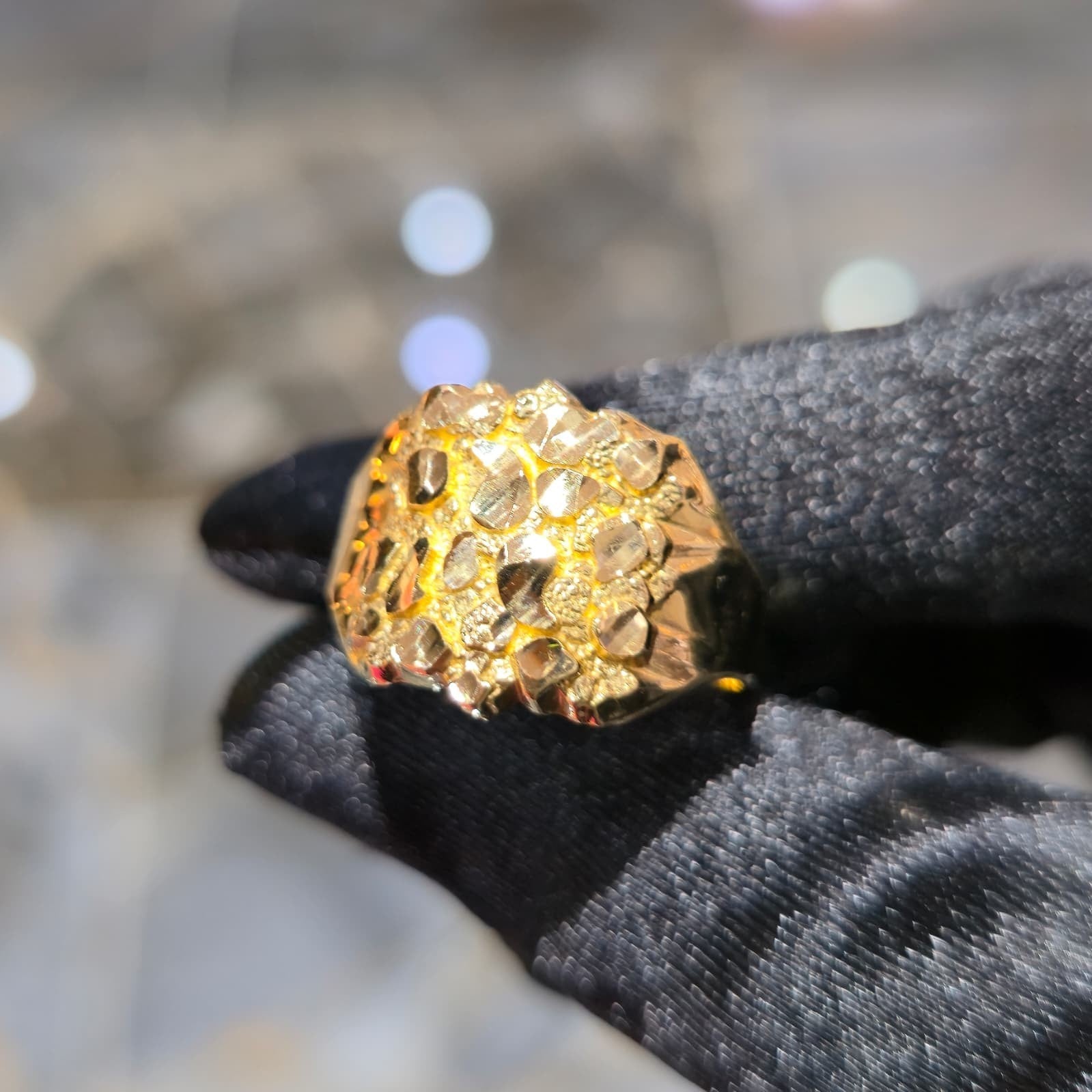 10K Yellow Gold Nugget Ring Men Solid Statement Dome Heavy Bold Real