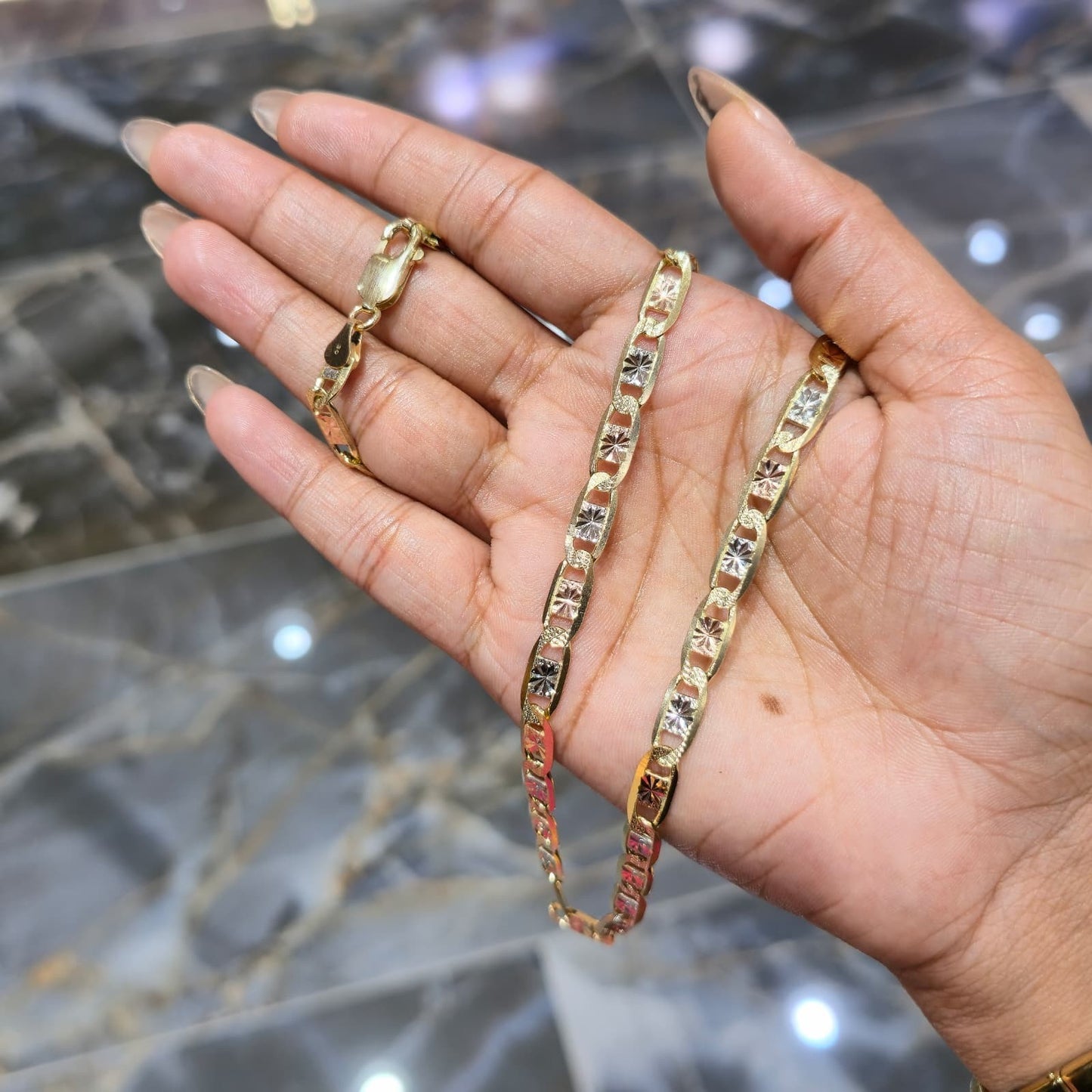 14K Solid Gold Tri Color Valentino Chain Necklace 22 inch 5mm Women