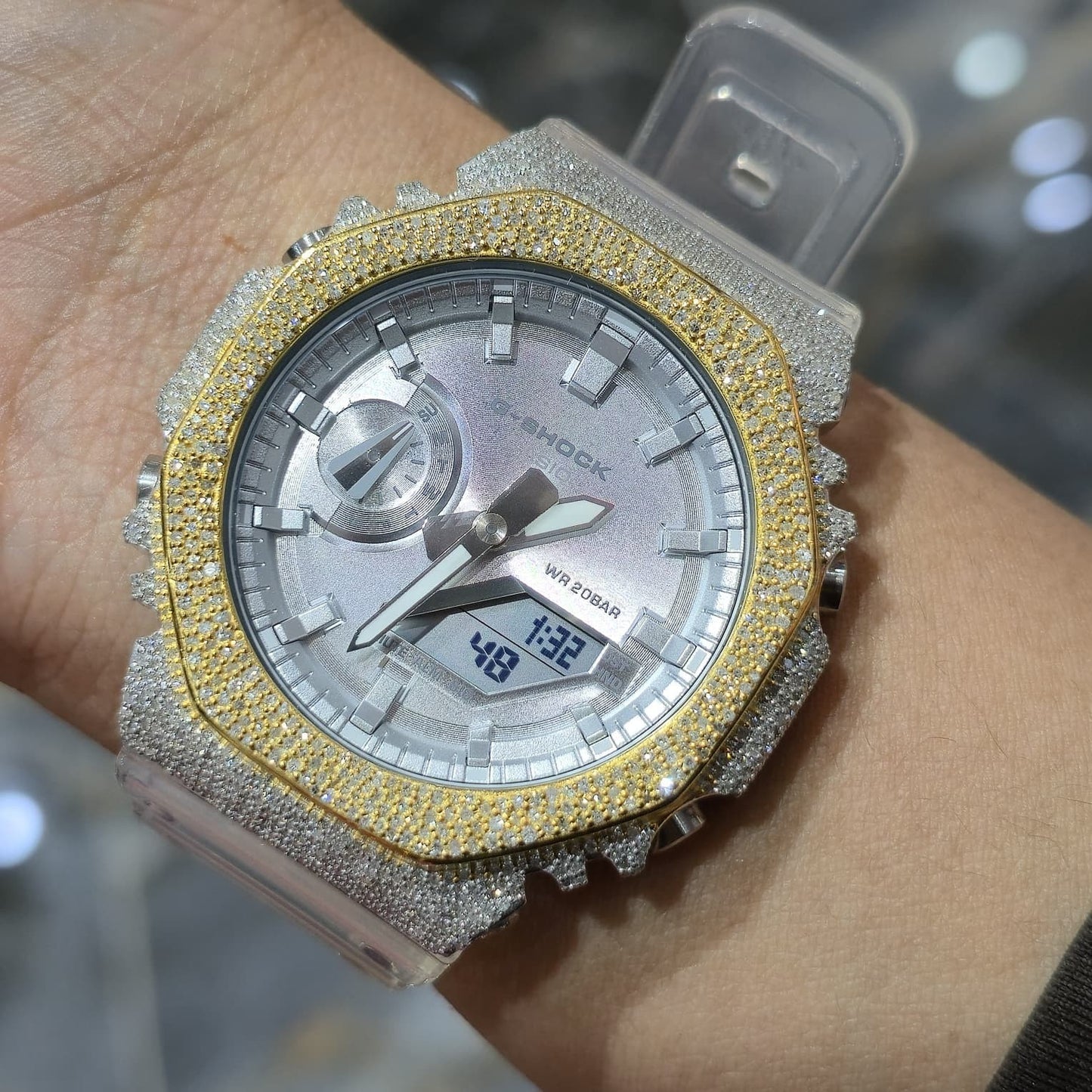 Casio G-Shock S2100  Iced Out Natural Diamond Watch 5CT | Silver Dial Clear Band