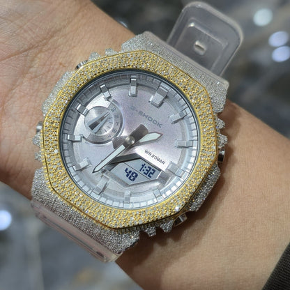 Casio G-Shock S2100  Iced Out Natural Diamond Watch 5CT | Silver Dial Clear Band