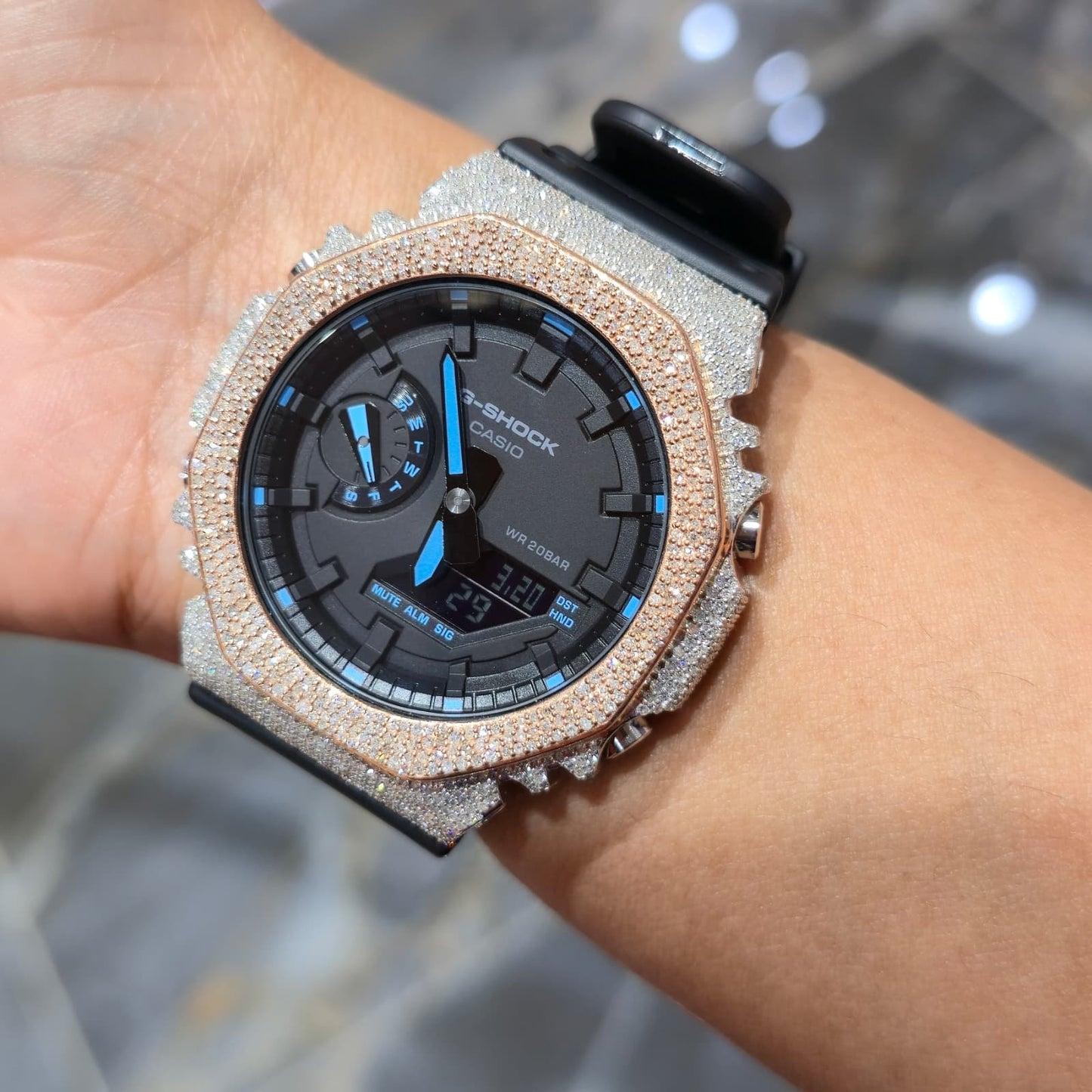 Casio G-Shock S2100  Iced Out Natural Diamond Watch 5CT | Black+ Blue MarkerDial