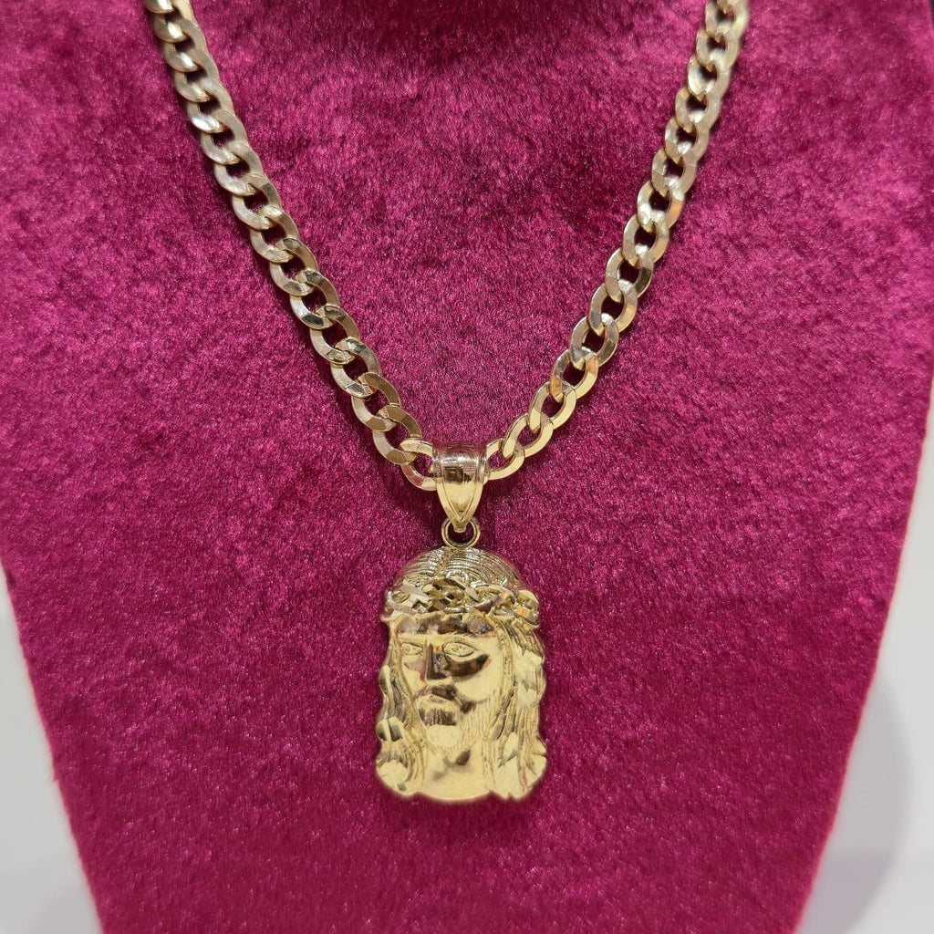 Real 10K Gold Cuban Curb Chain 4mm 20" w/Jesus Head Pendant Charm Combo Set DEAL