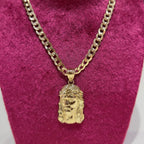 Real 10K Gold Cuban Curb Chain 4mm 20" w/Jesus Head Pendant Charm Combo Set DEAL