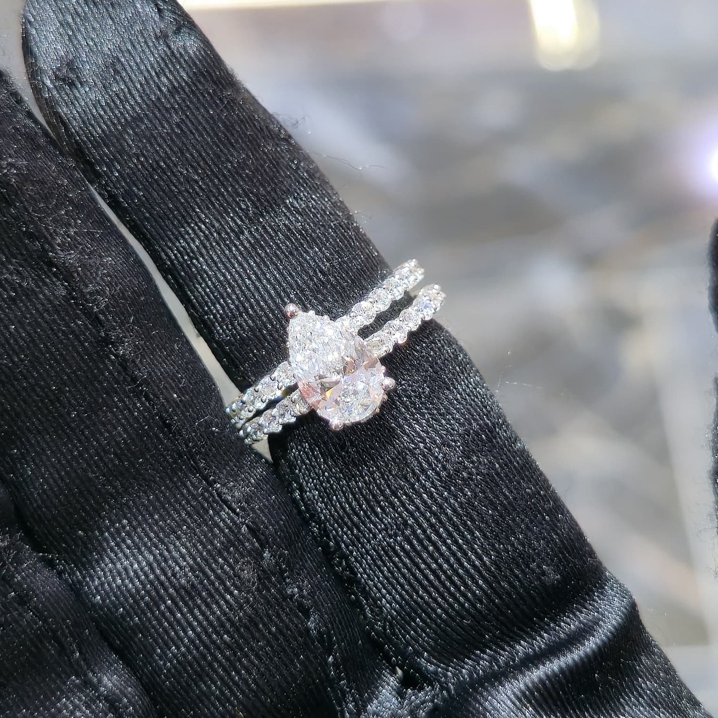 Lab Diamond Pear Teardrop Engagement Ring Set White Silver 3.00 ctw