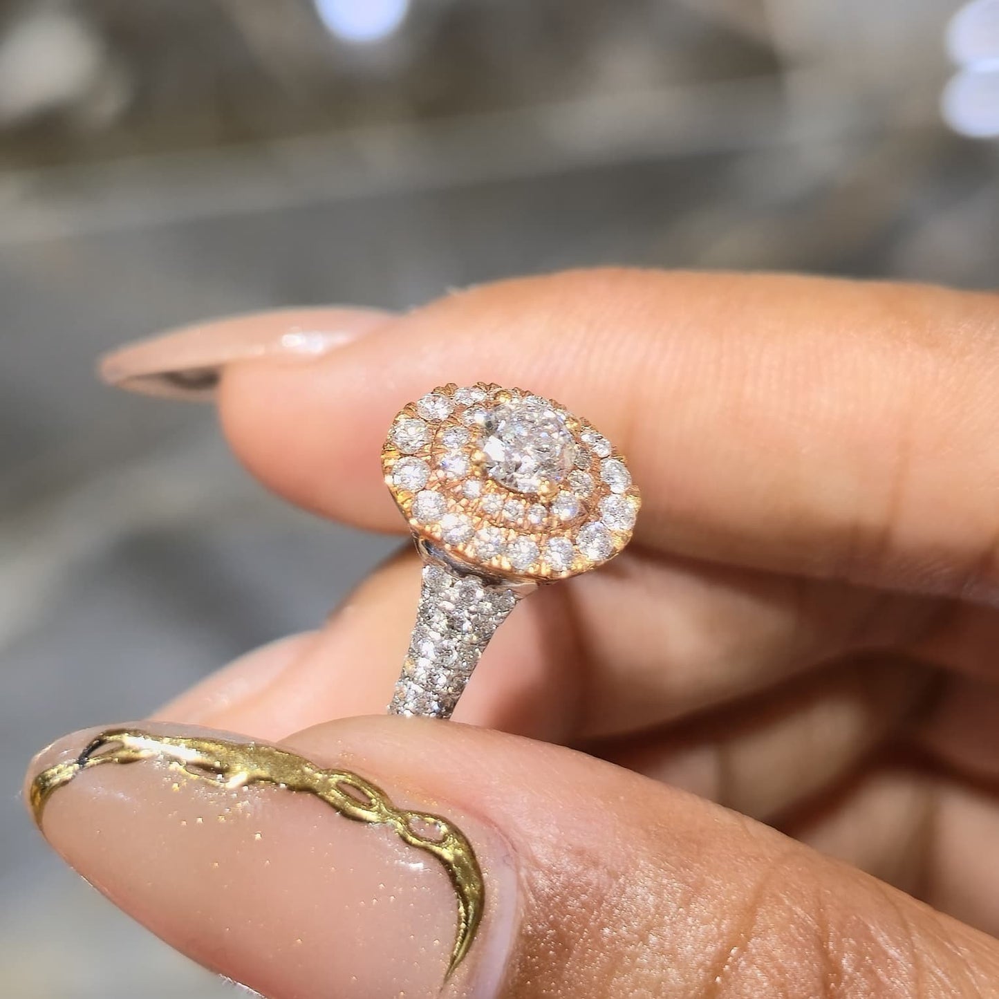 14K Two Tone Rose Gold Halo Diamond Engagement Ring 1.25 CTW Round SI F-G