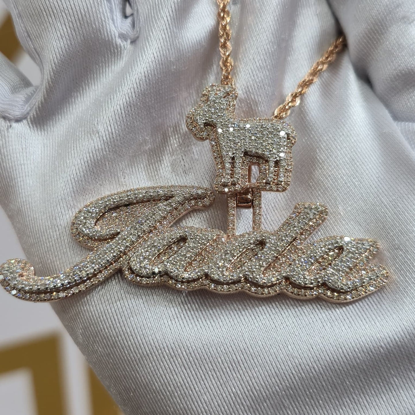 Custom Design Real Diamond Two Layer Cursive Nameplate Pendant Gold   2.5"