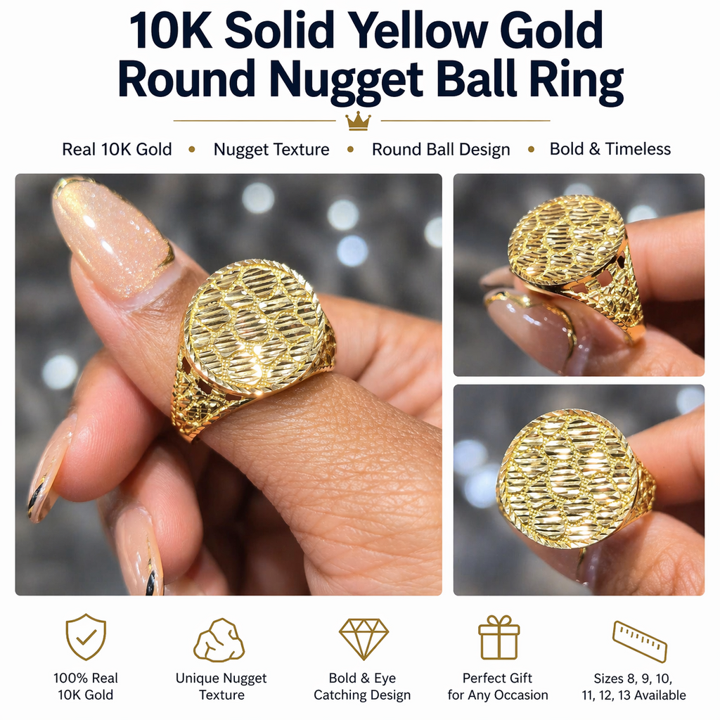 Gold mens Nugget ring round ball 10k solid size 11 ask 8 9 10 12 13